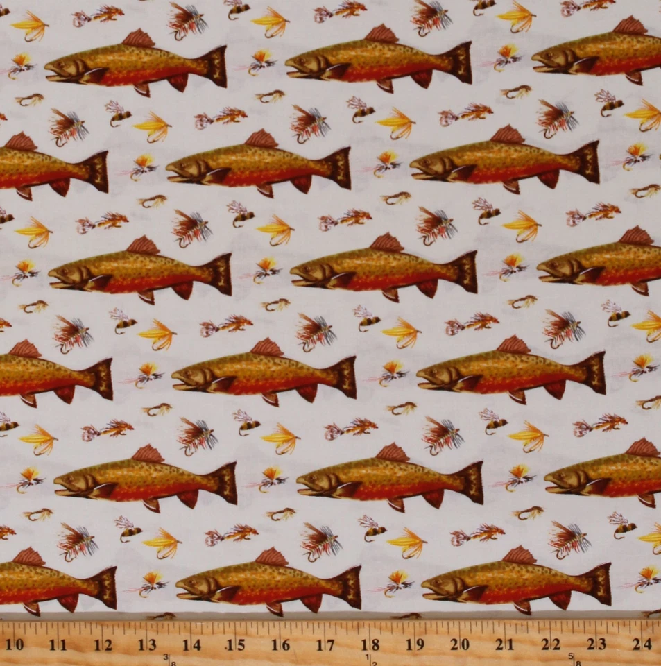 Señuelos de trucha de peces de algodón trucha de río estampado de tela crema por yarda D588.42 Foto 1 de 1