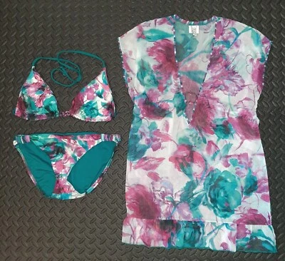 BECCA TRAJE DE BAÑO BIKINI DE BAÑO 3 PIEZAS ENCUBRIMIENTO A JUEGO TALLA S M ROSA AGUA FLORAL Foto 1 de 4