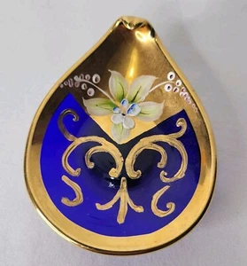 Vintage Kunst Glas Kobaltblau Schmuck Schale Schale Handbemalt Blume Gold Akzente - Bild 1 von 9