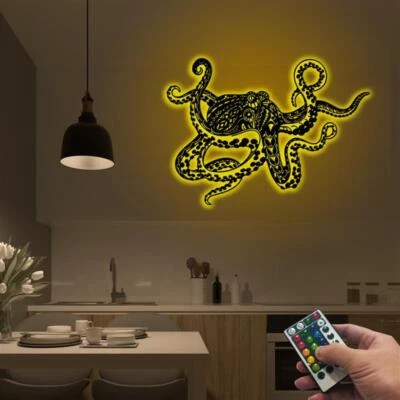 Letrero de nombre personalizado de amante del pulpo con luz LED arte de pared de metal tentáculos pulpo Foto 1 de 4