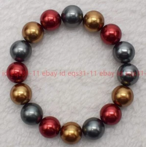 Pretty Natural 10/12/14mm Multicolor Shell Pearl Round Beads Bracelet 7.5'' - Picture 1 of 12