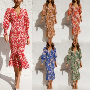 Frühling und Sommer Damen Taille Langarm V-Ausschnitt bedruckt Schößchen Rock Kleid - Bild 1 von 17