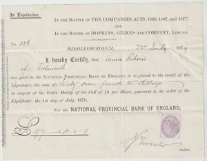 1879 SHARES LIQUIDATION HOPKINS GILKES & Co. PAID RECEIPT NAT PROV BOFE J ROBSON - Picture 1 of 2