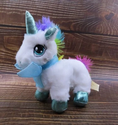 Dan Dee Unicorn White 7" Plush Rainbow Mane Tail Blue Shimmery Horn Hooves Bow - Image 1 of 4