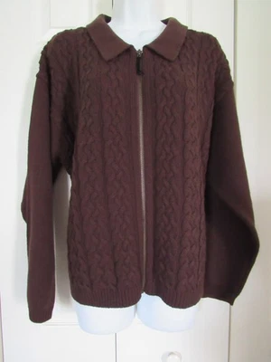 JENNIFER MOORE~ Suéter Cárdigan Marrón Cremallera Frontal~ Cable Tejido Frontal~ XL Excelente Foto 1 de 4