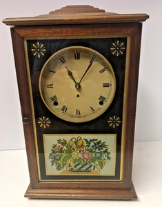 ANTIQUE VINTAGE WOOD CARVED PAINTED GLASS SETH THOMAS MANTLE CLOCK CHIMES - Picture 1 of 9