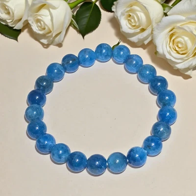 Natural Apatite 7mm Beaded Blue Gemstone Stretch Bracelet Healing Crystal Gift - Image 1 of 4