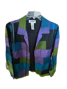 Vintage 80s Button Up Jacket 100% Silk Patchwork Metallic  Textured Rave Disco L - Picture 1 of 7