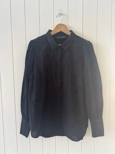 Decjuba Broderie Anglaise Cotton Shirt Size 14 Black Long Sleeve Button Up - Picture 1 of 15