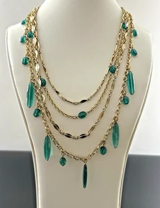 Vintage Four Strand Necklace Emerald Green Lucite Dangles GoldPlated Signed#352 - Picture 1 of 8