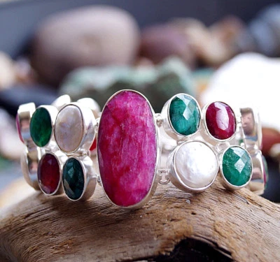 Breit Silber Armband 19 20 21 22 cm Massiv Vintage Design Rubin Smaragd Perle  - Bild 1 von 4