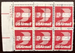 US #C79 13c Winged Envelope Used Block of 6 Stamps 1971-73 - Picture 1 of 1