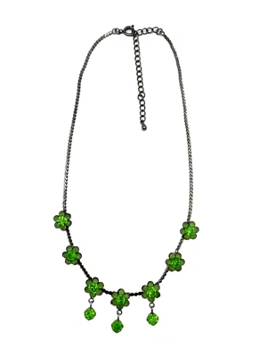 Green Rhinestones & Gunmetal Gray Flower Choker Necklace 17" Fashion Costume GUC - Image 1 of 4