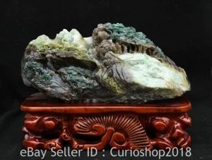 12" Old Chinese Dushan Jade Carving Mountain Water Ship Pine Tree Sculpture - Picture 1 of 12