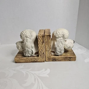 Lefton White Poodle Head Ceramic Bookends MCM Set Vtg 2pcs Original Label - Picture 1 of 12