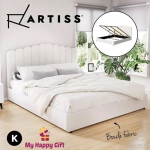 Artiss Bed Frame KING Size Mattress Base Wooden Platform Boucle White FION - Picture 1 of 9