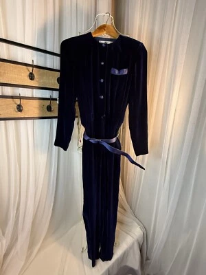 MUJER VINTAGE LIZ CLAIBORNE AZUL MARINO SEDA TERCIOPELO MONO FIESTA 8 Foto 1 de 4