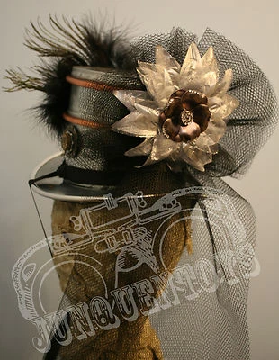 Contessa ~ металлический стимпанк езды шляпа ~ верхняя шляпа вуаль перо серебро Хэллоуин - Изображение 1 из 4