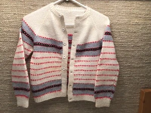 VINTAGE 1959 - 60 YOUTH MEDIUM HAND KNIT SWEATER WITH Stripes Blue, Red, White 1 - Picture 1 of 12