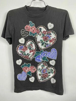 Vintage 80s 90s Hearts Flowers Single Stitch Shirt Puffy Paint Valentines Love - Image 1 of 4