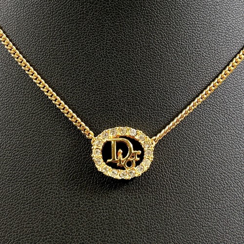 Collana logo Dior ovale strass tono oro accessorio autentico GIAPPONE A3868