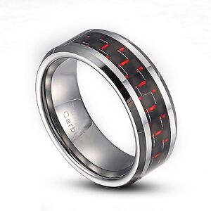 Tungsten Carbide 8mm Red & Black Carbon Fiber wedding Band Half Size 9-14 TG017