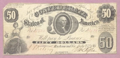 1861 $50 CSA, T-8, Scarce, Fifty Dollars Confederate States, Fine, True Auction - Image 1 of 2
