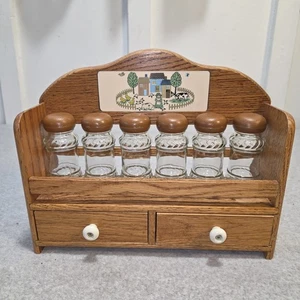 Heartland International Spice Rack Hanging Oak Wooden With 6 Clear Jars Drawers - Picture 1 of 18
