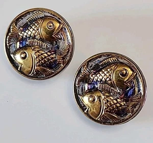 Two Purple/Blue Iridescent Czech Glass Fish Pisces Buttons - Picture 1 of 5