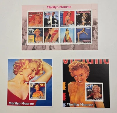 Marilyn Monroe Estrellas de Cine Actriz 2003 Benín MNH Juego de 3 Hojas de Estampillas de Recuerdo Foto 1 de 2