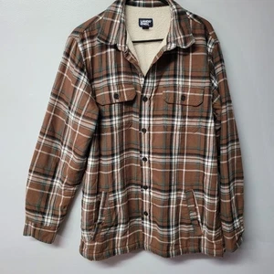 Lands End Sherpa Lined Flannel Shirt Button Down Mens Medium 38 40 Brown Fall - Picture 1 of 10
