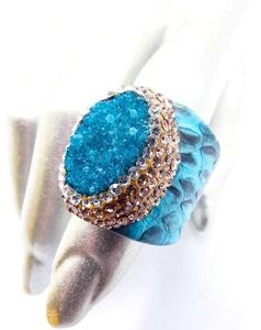 GLITZERNDER klobiger Blautopas Druzy Stein rauchbraune Kristalle oval Cocktail S8 Ring - Bild 1 von 10
