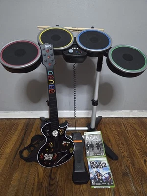 Xbox 360 Rock Band 2 Complete Drum Set Bundle, Guitar, 2 Games, Tested & Working - Image 1 of 4