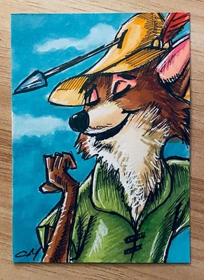 Robin Hood Disney PSC 1/1  Hand Drawn Sketch Card by CJ Morris ACEO - Image 1 of 3