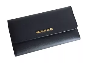 Neu Michael Kors Jet Set große dreifach gefaltete Geldbörse Saffiano Leder PVC schwarz gold - Bild 1 von 4