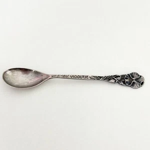 Cuillère à café bébé vintage argent 900 allemand Violtje manche fleurie 4" - Photo 1/10