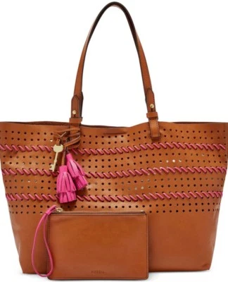 Nuevo Bolso de Mano Grande Fossil Rachel Vintage Marrón Cosido con Borlas de Cuero Foto 1 de 4