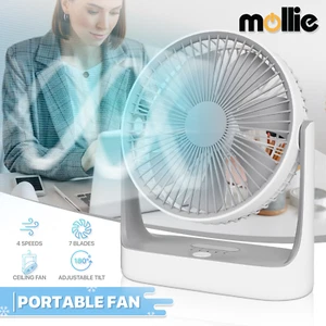 Portable Personal Desk Fan 4 Speed 180° Tilt USB Rechargeable Fan w/Hanging Hook - Picture 1 of 14