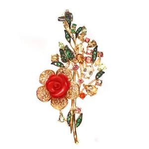 Red Coral Rose Carved, Sapphire, Tsavorite & Citrine Brooch Silver 925 Sterling - Picture 1 of 5