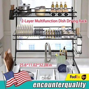 2 Ebenen über der Spüle Geschirr Trockengestell Edelstahl Küche Geschirr Abtropffläche Schwarz - Bild 1 von 24