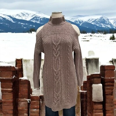 Express S Taupe Cold Shoulder Cable Knit Sweater Dress Cozy Winter Chic Oversize - Image 1 of 4
