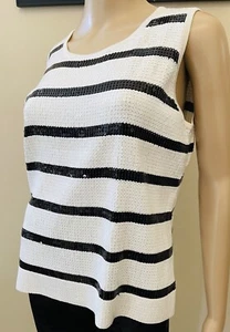 Dana Buchman Top Women's Sleeveless Round Neck Sequined Tank White Stripes M - Picture 1 of 6