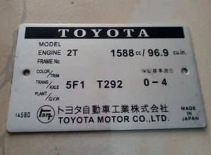 Placa de identificación vintage placa de vinilo Toyota Celica Corona Carina 2T - Imagen 1 de 6