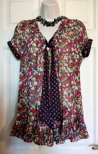 Vibrant Multicoloured Floral & polka Dot Chiffon Style Pleated Top Sz 16 - Picture 1 of 8