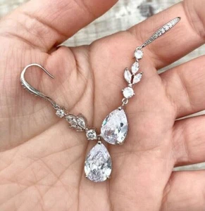 Teardrop 4.26Ct Created Diamonds Dangle Wedding Earrings 14K White Gold Finish - Picture 1 of 4