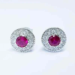 2ct Round Halo Lab Created Ruby /Diamond Stud Earrings 14k White Gold Plated - Picture 1 of 5
