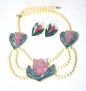 Lee Sands Vntg Ivory Bakelite Necklace Earring Set Floral Pink Pearl Inlay Retro - Picture 1 of 14