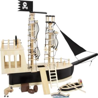 Piratenschiff aus Holz mit Beiboot, Holzschiff mit Piratenflagge, Segel - Bild 1 von 4