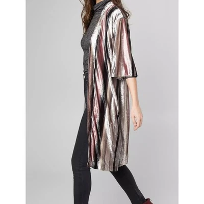 Cárdigan largo Miss Me gris a rayas de terciopelo frente abierto para mujer S Foto 1 de 4