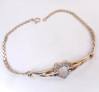 3.37g Signed JM 14K Solid Yellow Gold Dainty Diamond Heart Bracelet 6-7/8" 585 - Image 1 of 4